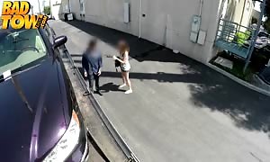 red-head teen is sucking dick of a driver on her knees in order to keep away from
 the excellent