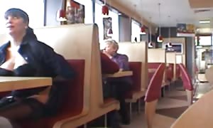 huge chested honey flashing in a restaurant