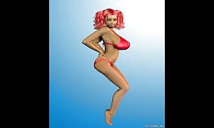 3D red haired with large
 tatas in a red bathing suit