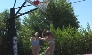 young ladies get raw naked and touch each other on outside
 basketball court